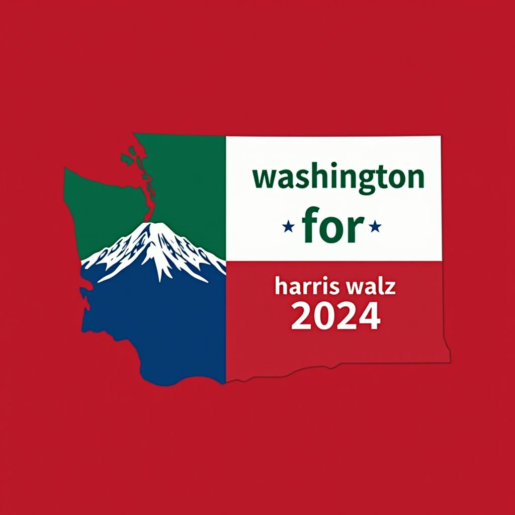  a tshirt design inspired by the washington state flag. the left side features a green vertical stripe with a large mountain in the center. the right side is divided into two horizontal sections: the top section is white with the text 'washington for' in bold, green, uppercase letters, and the bottom section is red with the text 'harris walz 2024' in bold, white, uppercase letters. the overall layout is clean and straightforward, with a clear and patriotic color scheme of blue, white, and red.