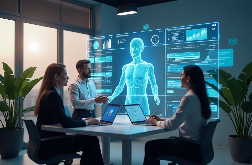  "create a futuristic workspace where a diverse group of professionals interacts with advanced ai technology. the scene features holographic displays showing data and conversational interfaces, with a large, friendly ai avatar assisting users. the environment is modern and sleek, with soft lighting, plants for a touch of nature, and digital elements like graphs and chat bubbles floating in the air, emphasizing collaboration and innovation in artificial intelligence." hyperrealistic, full body, detailed clothing, highly detailed, cinematic lighting, stunningly beautiful, intricate, sharp focus, f/1. 8, 85mm, (centered image composition), (professionally color graded), ((bright soft diffused light)), volumetric fog, trending on instagram, trending on tumblr, HDR 4K, 8K