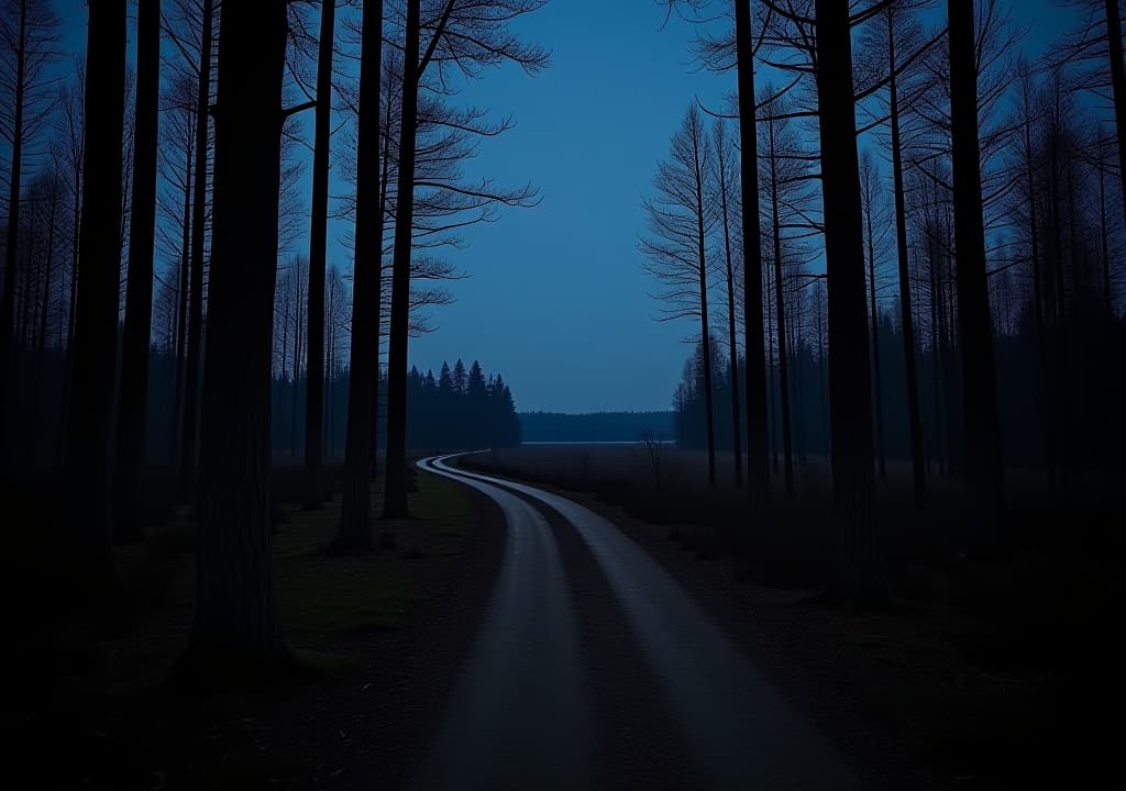  hiking path in a dark forest at night surrounded by tall dead trees with clear field in the far distance