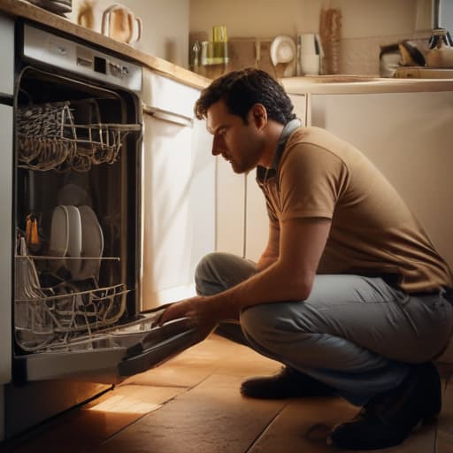 A photo of a skilled repair technician inspecting the inner workings of a dishwasher in a dimly lit kitchen during the late afternoon with a warm, soft glow illuminating the tools and parts scattered around.