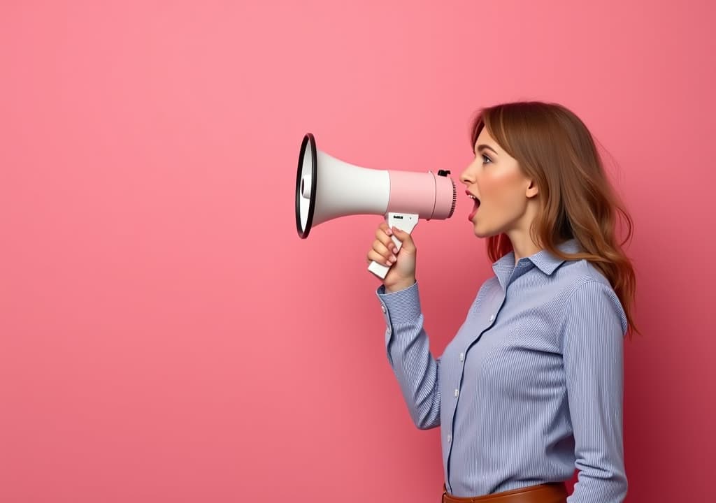  woman holding megaphone making announcement on pink background