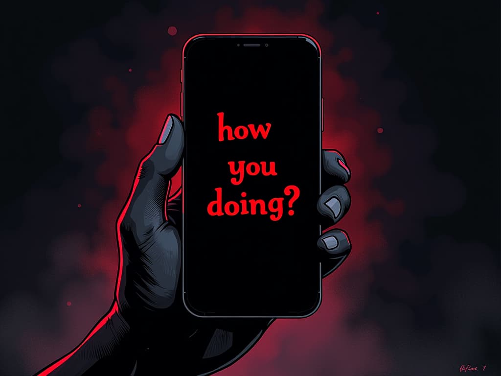  simple text bubble on phone screen, ‘hey how are you doing?’, against a dark background. the style is digital art illustration / modern comic book / graphic dark novel fantasy and mysterious occult, symbolic, moody lighting, esoteric vibe,high detail on character design. for the color scheme emphasize blacks and reds.