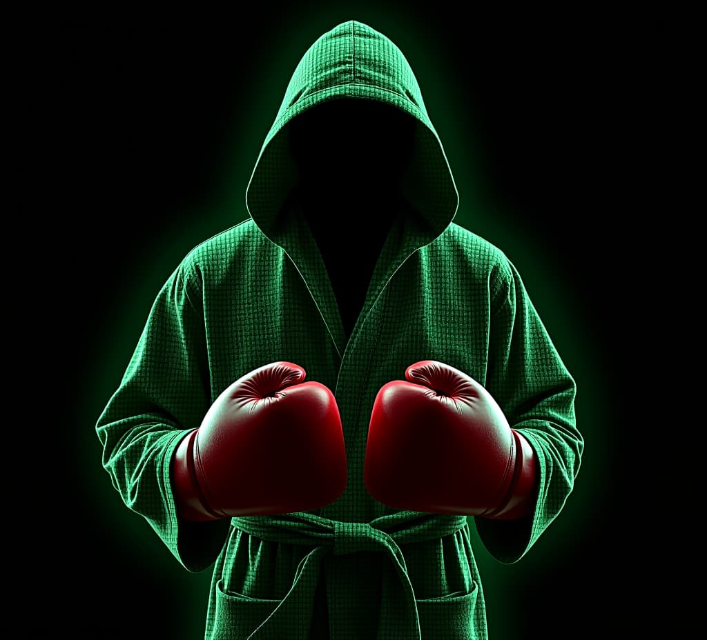  create a mesmerizing digital art piece that features neon green binary code, written in a horizontal style, to form the shape of a hooded boxing robe and boxing gloves. the bold binary code stands out against a deep black background, creating an eye catching contrast. the typography is vibrant and dynamic, with the binary code elements seamlessly integrated into the design of the robe and gloves. the overall composition is striking and captivating, showcasing the artist's mastery of color, shape, and contrast., typography, vibrant