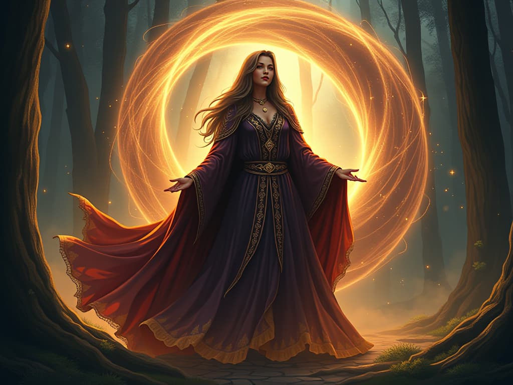  enigmatic sorceress in a royal, glowing robe, a swirling vortex of dark, ethereal energy reverses, glowing with a soothing, golden light, mystical forest backdrop, representing profound power to cleanse and reverse negative energies.. the style is digital art illustration,highly detailed, whimsical,magical, dreamlike atmosphere, realism and fantasy blend, smooth, glossy textures,luminous quality, wonder and enchantment.