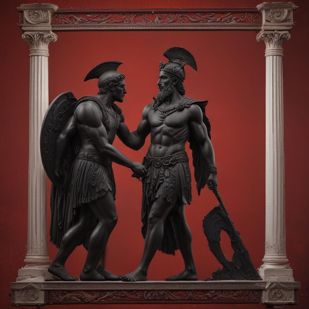 An echo of history as Priam and Achilles' meeting resonates through time, a testament to compassion's enduring power. Illustrate the ripple effect of their encounter, symbolizing the impact of empathy and understanding in shaping the course of history and human relationships."in the style of classical Greek pottery art, with intricate black figures on a red background, depicting mythological scenes with a focus on gods and heroes, using a limited color palette of red, black, and white"This image is a breathtaking painting that captures the magical scene with vivid detail. The overall composition is spellbinding, showcasing a perfect harmony. photorealism fantasy, unreal engine 5, concept hyperrealistic, full body, detailed clothing, highly detailed, cinematic lighting, stunningly beautiful, intricate, sharp focus, f/1. 8, 85mm, (centered image composition), (professionally color graded), ((bright soft diffused light)), volumetric fog, trending on instagram, trending on tumblr, HDR 4K, 8K