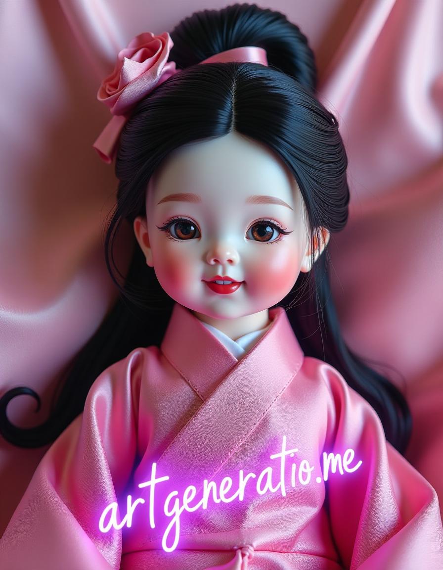  hyperrealistic art masterpiece. oil painting.(porcelain chinese doll with real hair, retro toy:1.5). at the bottom of the image is a neon purple inscription in large letters, glowing (‘artgeneration.me’:1.6). on background of delicate pink satin cut off drapery fabric. intense close up. surrealism style. high detail. high quality. high resolution. . extremely high resolution details, photographic, realism pushed to extreme, fine texture, incredibly lifelike