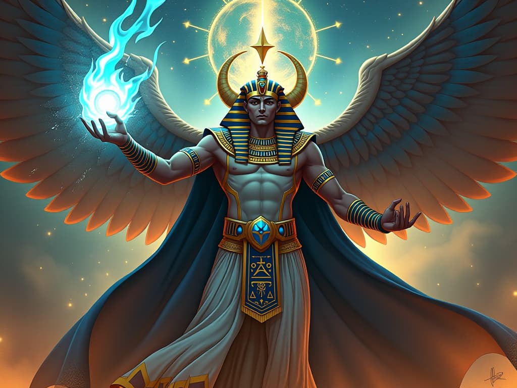  a majestic, otherworldly figure wielding cosmic power, surrounded by celestial symbols, commanding presence, atmosphere of extraordinary authority. the style is digital art illustration / modern comic book / mysterious occult, symbolic, esoteric vibe,high detail on character design, incorporating ancient egyptian symbology and attire.