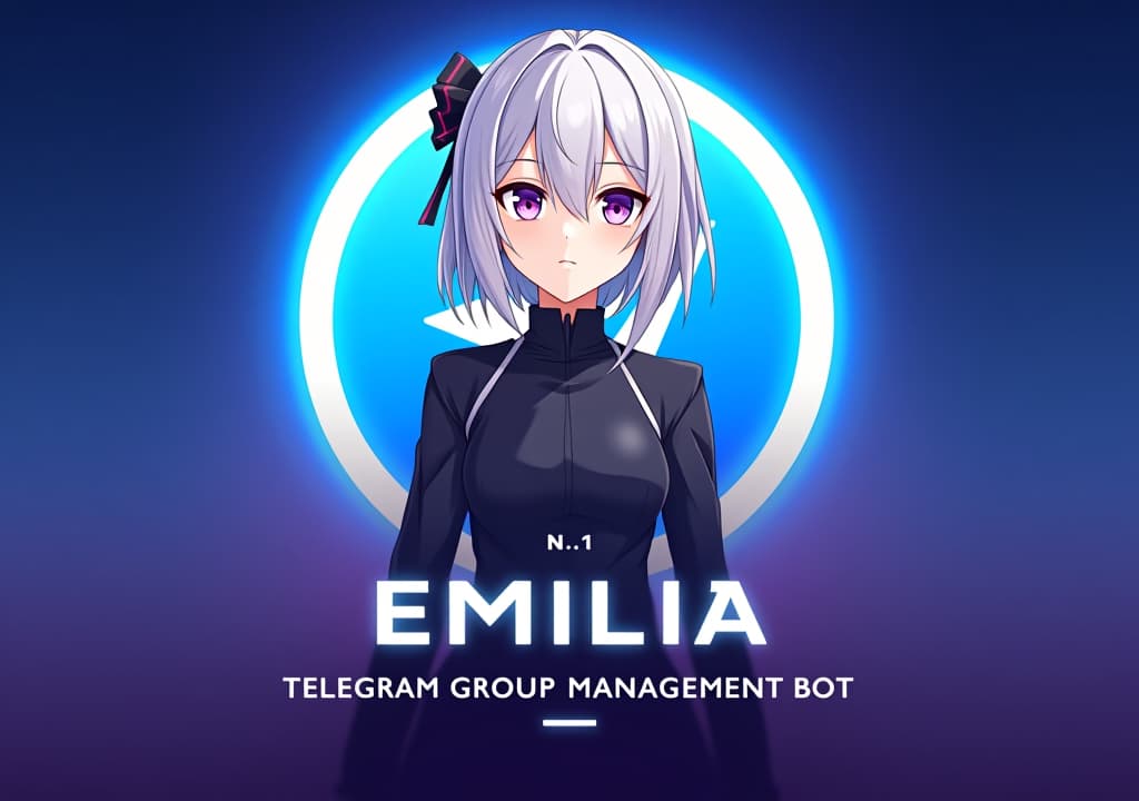  good quality, high quality, a poster style profile picture for a telegram group management bot featuring emilia from re:zero. emilia is depicted with her silver hair and purple eyes, standing confidently with a stylized telegram icon behind her. the background blends telegram’s blue gradient with subtle purple hues. the text "emilia no.1 telegram group management bot" in anime sytle font is prominently displayed at the bottom in bold, modern font, with a small tag underneath, creating a sleek and professional look.