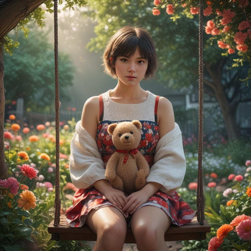 ((masterpiece)),(((best quality))), 8k, high detailed, ultra detailed, A cute illustration in the style of Meguro Ren, Meguro Ren style, girl with short hair, sitting on a swing, with a teddy bear next to her, in a garden full of colorful flowers hyperrealistic, full body, detailed clothing, highly detailed, cinematic lighting, stunningly beautiful, intricate, sharp focus, f/1. 8, 85mm, (centered image composition), (professionally color graded), ((bright soft diffused light)), volumetric fog, trending on instagram, trending on tumblr, HDR 4K, 8K