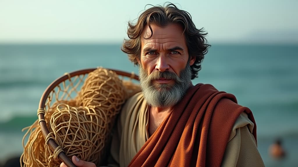  a realistic, highly detailed image of peter, apostle of jesus, a sturdy man with a weathered face and short, curly hair, wearing traditional biblical robes. he holds a large fishing net, symbolizing his former life as a fisherman, with a background of the sea of galilee. focus on face hyperrealistic, full body, detailed clothing, highly detailed, cinematic lighting, stunningly beautiful, intricate, sharp focus, f/1. 8, 85mm, (centered image composition), (professionally color graded), ((bright soft diffused light)), volumetric fog, trending on instagram, trending on tumblr, HDR 4K, 8K