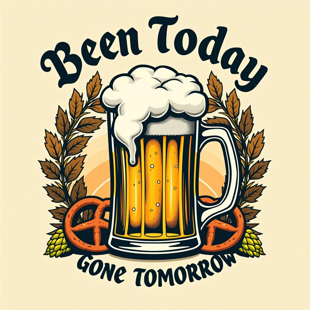  a vintage style t shirt with a frothy beer mug and playful text 'beer today, gone tomorrow!' amidst oktoberfest elements like pretzels and hops.