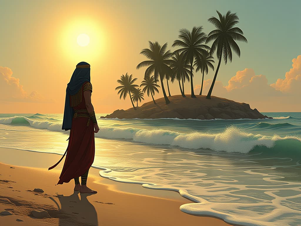  figure alone on a deserted island, surrounded by the rhythmic lull of waves, golden sunlight casting long shadows, palm trees swaying gently in the breeze, mood of serene isolation and natural beauty.. the style is digital art illustration / modern comic book / mysterious occult, symbolic, esoteric vibe,high detail on character design, incorporating ancient egyptian symbology and attire.