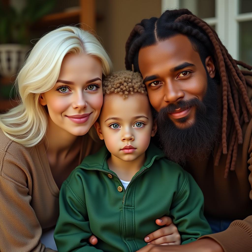  make an image of a little boy with blonde nappy hair and green eyes wearing green with a white short haired blonde woman and the father being ruddy with long brown dreads