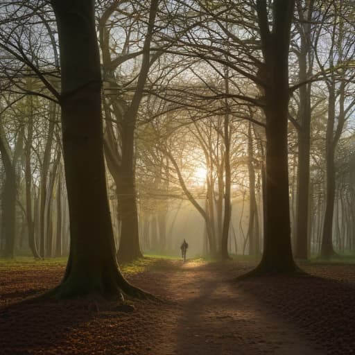 Un prophète, au mi lieu de la forêt, avec une longue bâton devant Et devant lui, une grande arbre, très lumineuses bi