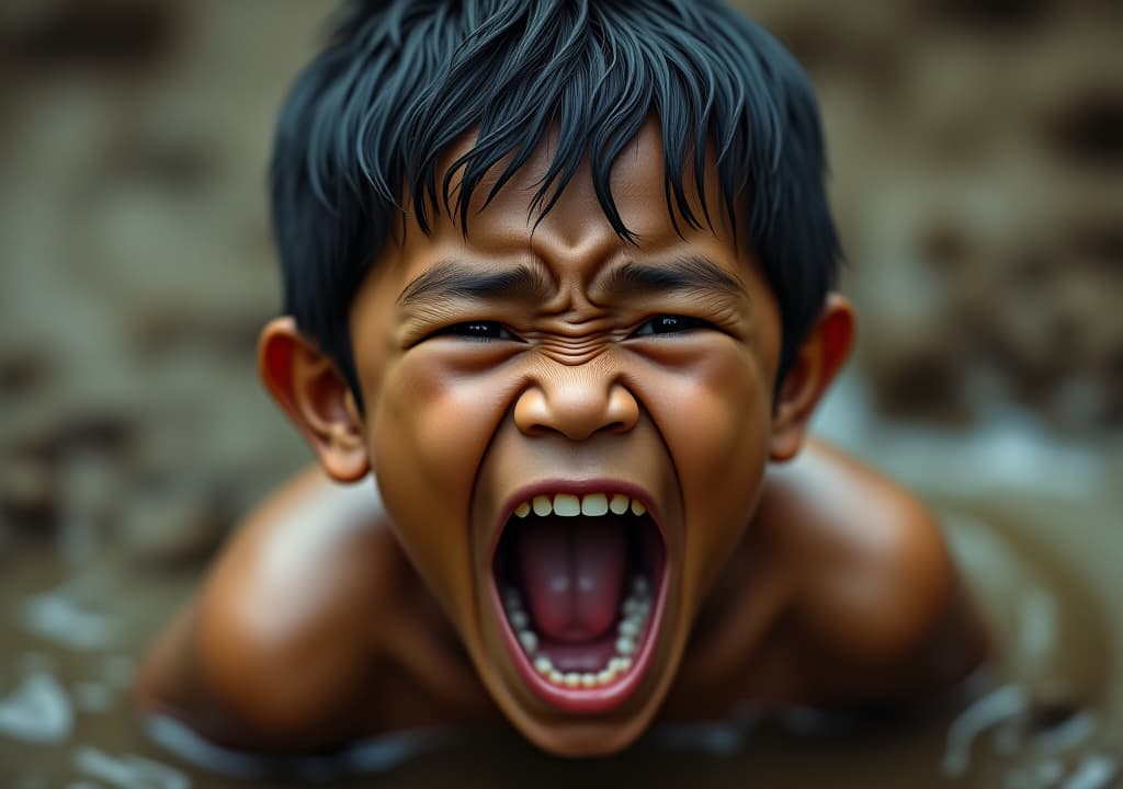  a young boy in the mud with his mouth wide open and his eyes wide open, awardwinning movie still, from slumdog millionaire, film still of manny pacquiao, award winning cinematic still, award winning movie still, detailed face of a asian boy, still image from the movie, 8k award winning photograph, movie still of a snarling, in a movie still cinematic, cinematic movie photograph, war cry, still frame from a movie, emotional face shot, detailed cinematic photography, fierce expression 4k, cinematic cgsociety, movie still, still from a movie, unsplash contest winning photo