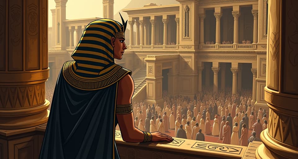  pharaoh at a palace balcony, golden headpiece, overlooking bustling crowd, rumors stirring, tension in the air, ancient architecture, intricate carvings. the style is digital art illustration / modern comic book / mysterious occult, symbolic, esoteric vibe,high detail on character design, incorporating ancient egyptian symbology and attire.