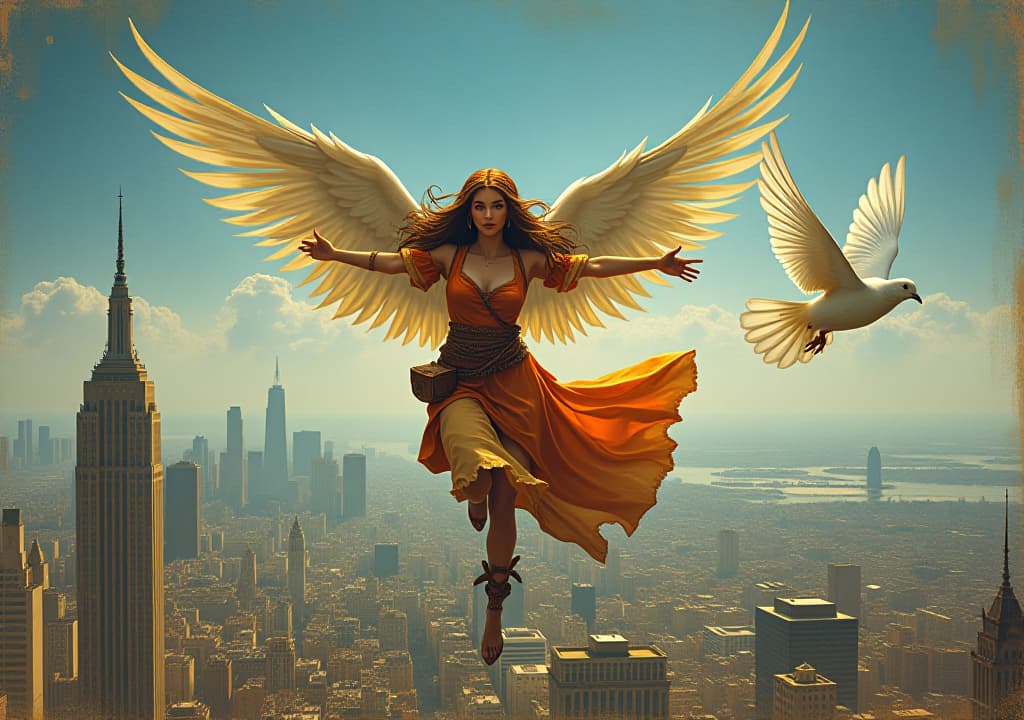  gypsy girl flying over city with wings of dove with text label "michalina flying high"