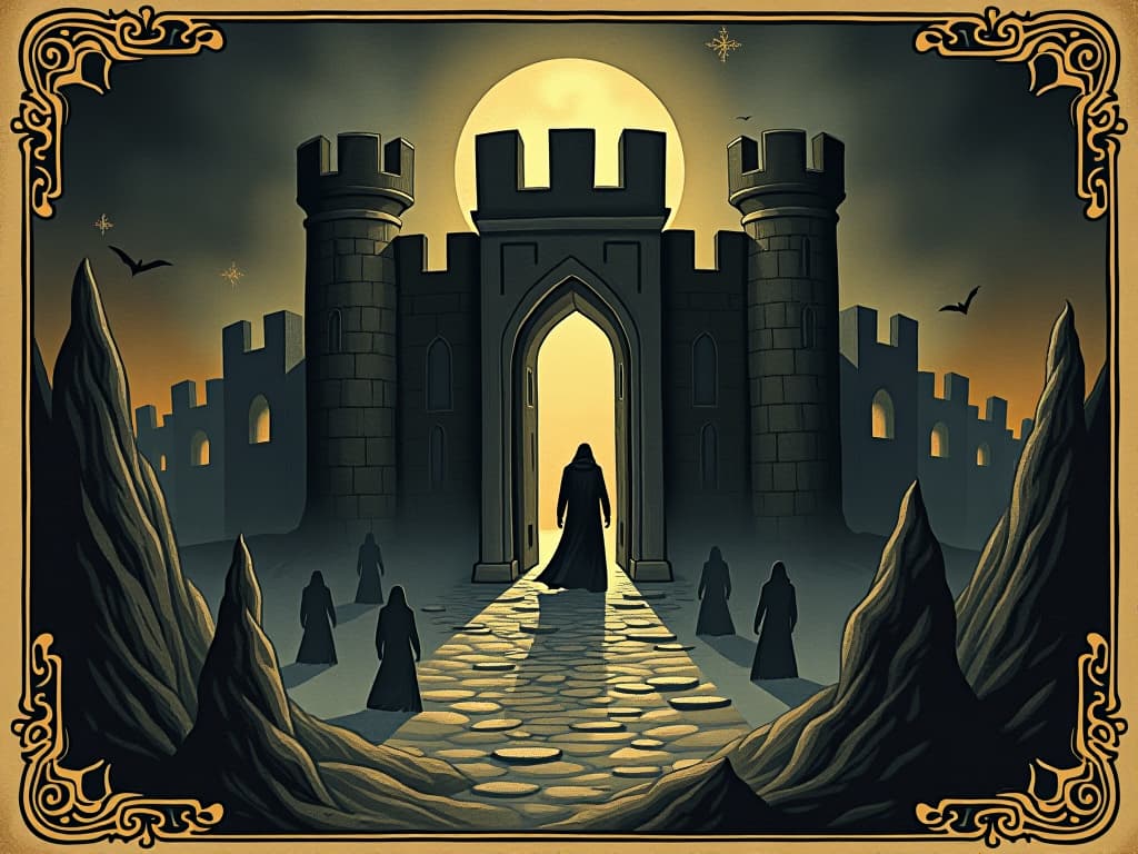  fortress of integrity, shadows attempting to breach, light emanating from within, defensive stronghold, credibility. an illustration in the style of a worn, mystical old tarot trump card, mysterious and elements of surrealism. the colors are muted, somber and eerie, but with contrast bring out an occult and esoteric vibe.