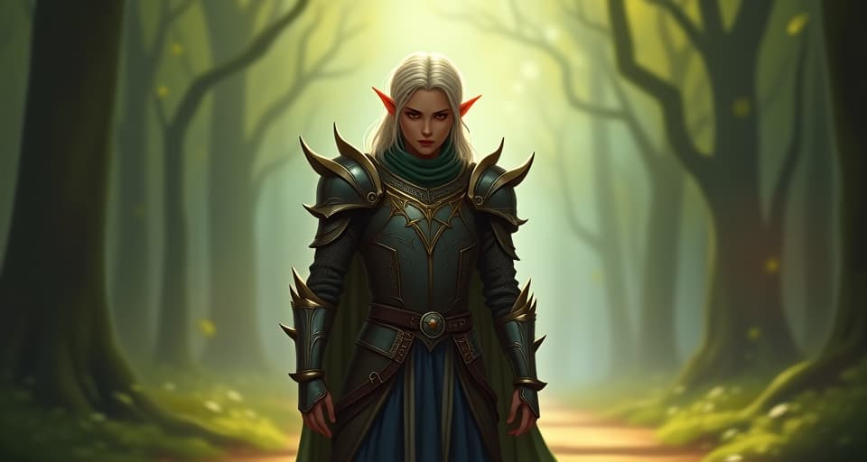  a noble elf in intricately designed armor, standing at a crossroads in a luminous forest. his gaze is intense and resolute, symbolizing the challenging choices faced on the path to holiness.. the style is digital art illustration,highly detailed, whimsical,magical, dreamlike atmosphere, realism and fantasy blend, smooth, glossy textures,luminous quality, wonder and enchantment.