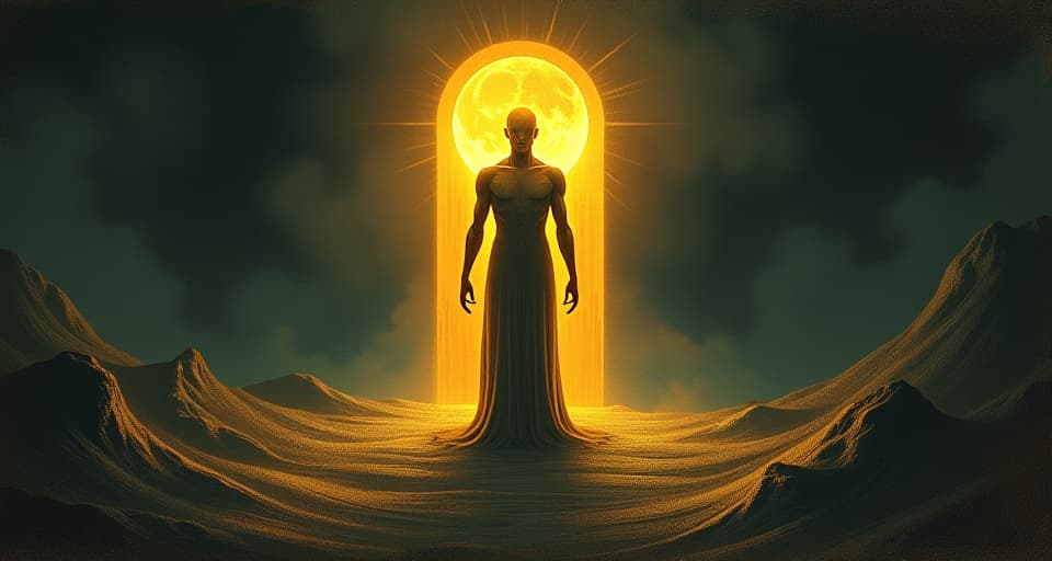  human figure glowing with golden light, central position radiating energy, dark background with swirling shadows, solemn mood, ethereal. an illustration in the style of a worn, mystical old tarot trump card, mysterious and elements of surrealism. the colors are muted, somber and eerie, but with contrast bring out an occult and esoteric vibe.