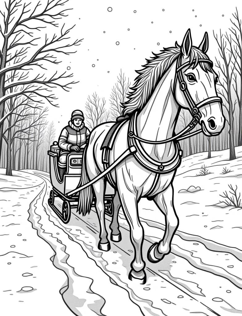  this is for an adult coloring page. a detailed black and white line art of a snowy horse drawn sleigh making its way through a snowy path on a solid white background.