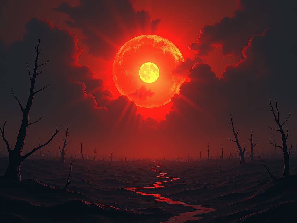  a rising sun over a barren landscape, rays piercing through clouds, sense of transformation, hope.. the style is dark fantasy and mysterious occult, symbolic, moody lighting, esoteric vibe,high detail on character design. for the color scheme emphasize blacks and reds.