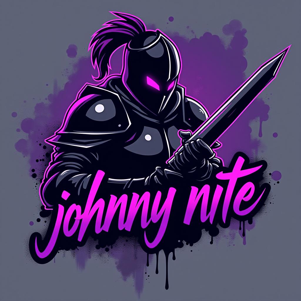  design a logo, in a realism style. knight black and purple graffiti, with the text 'johnny nite '.