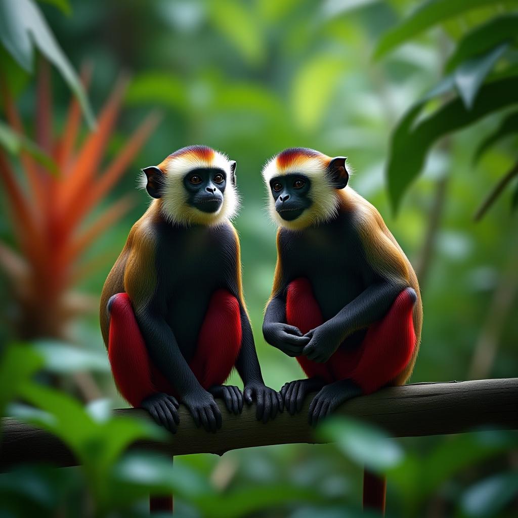  capuchin monkeys in tropical rainforest, colorful interesting plants in background, green nature wallpaper