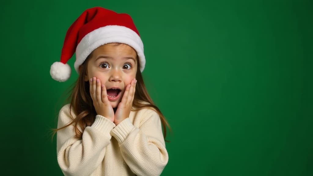  professional detailed photography, on the left full length little girl surprised, looking at camera, her hands near the face. santas hat on a head, light warm sweater, green background. on the right free space for text ar 16:9, (muted colors, dim colors, soothing tones), (vsco:0.3)