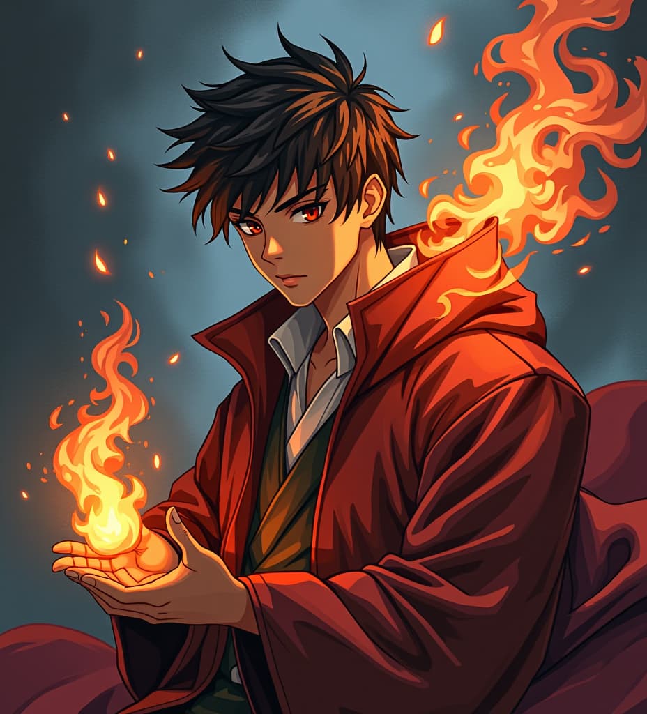  anime, anime sytle, anime image, cartoon, real cartoon, real anime, fire wizard, young male, dark fantasy, oil painting, art on pinterest