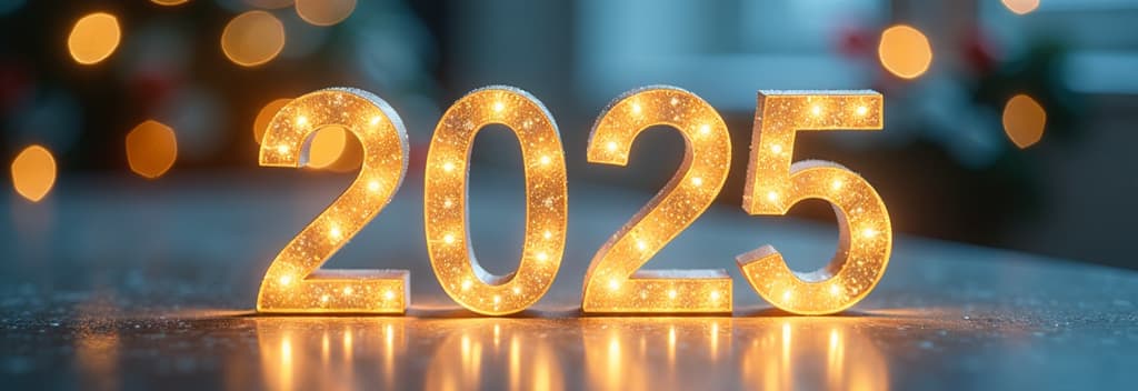  real estate photography style transparent glass golden glowing text “2025”, neon golden glowing lights, christmas gift, festive blurred pastel blue background ar 3:1 . professional, inviting, well lit, high resolution, property focused, commercial, highly detailed