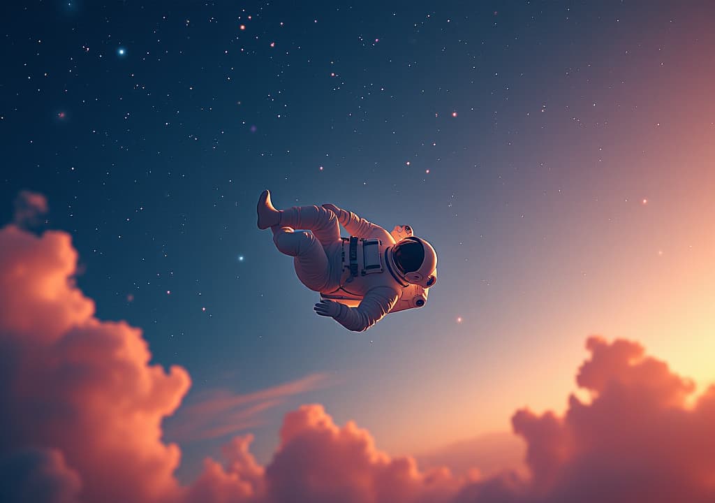  a lone astronaut, inverted and floating in a relaxed pose, drifting in a surreal cosmic space. the background is a vast cosmic space filled with stars, replacing the normal sky. the scene features soft, swirling cosmic clouds painted in a mix of warm orange and pink hues against a deep blue and purple starry backdrop. the astronaut's suit is detailed, with a reflective helmet, and the pose conveys a sense of weightlessness and tranquility. the entire scene has a dreamy, otherworldly atmosphere with soft, ethereal lighting and a sense of infinite space