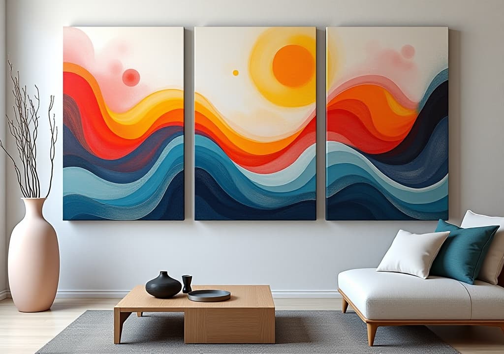  abstract art, a colorful, hand made abstract triptych painting of swirling waves and curved minimalistic shapes, displayed on a wall with a minimalistic background, close up view of the three panel ca