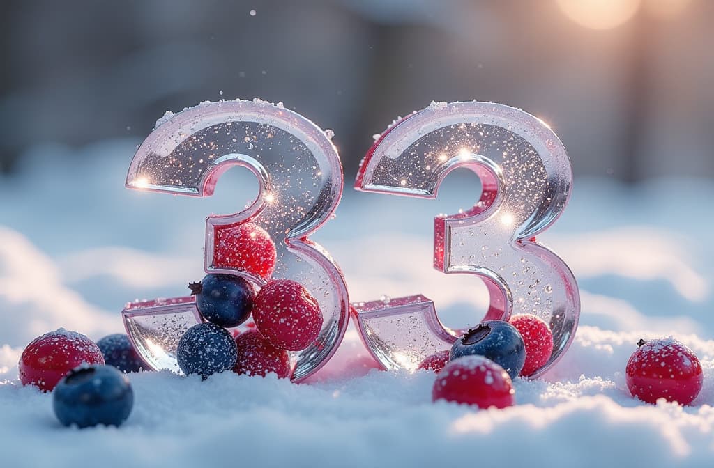  epic realistic, hyperdetailed, (cycles render:1.3), caustics, (glossy:0.58), (artstation:0.82),small volumetric numbers made of ice with cranberries and blueberries inside, against a background of fluffy snow and silver gold bokeh