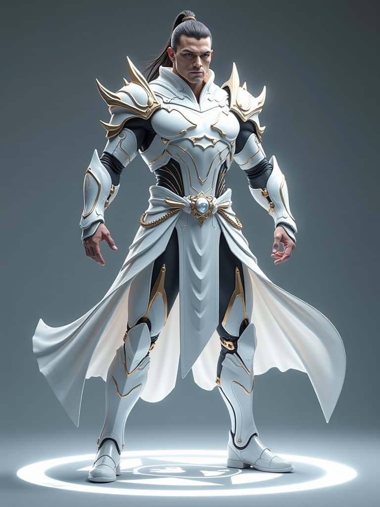  full body photorealistic of handsome hunky clean and shaven pao, wearing a white biomechanical filament metallic spirit armor,, and spirit headband, holding a white shining jewel,, standing on a white magic circle,,nether body . fighting stance., look at camera, detailed facial parts,, fantasy as background, freestyle pose, perfect anatomy, symmetric body,, 1, :: high detail, a lean athletic body, realistic, human skin, extremely detailed fingers, chad chin, human skin, (eyes contact), gorgeous, attractive