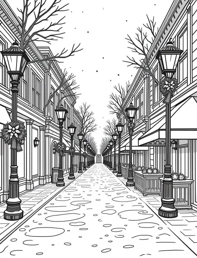  this is for an adult coloring page. a detailed black and white line art of a snowy snowy street with vintage lampposts and holiday decorations on a solid white background.