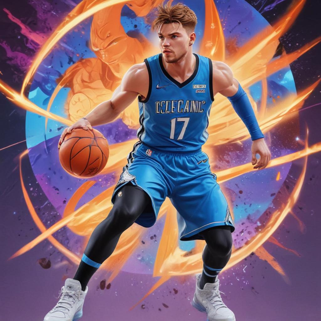 distance-shot, flashy, full-body, dynamic, holographic, animated cartoon poster of luka doncic in the style of dragon ball super