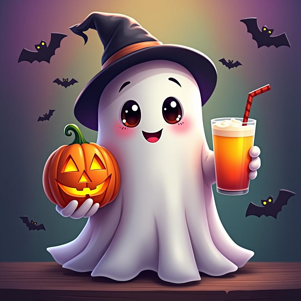  create a digital painting featuring a cute ghost character. the ghost should be wearing a hat. in one hand, the ghost should hold a pumpkin with a carved face, and in the other hand, a halloween themed drink. the background should be colorfull and include small black bats and stars to add a playful halloween touch. the overall style should be cute, whimsical, and colorful hyperrealistic, full body, detailed clothing, highly detailed, cinematic lighting, stunningly beautiful, intricate, sharp focus, f/1. 8, 85mm, (centered image composition), (professionally color graded), ((bright soft diffused light)), volumetric fog, trending on instagram, trending on tumblr, HDR 4K, 8K