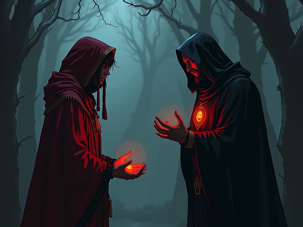  chance encounter with wise stranger, meaningful conversation, resonating wisdom. the style is digital art illustration / modern comic book / graphic dark novel fantasy and mysterious occult, symbolic, moody lighting, esoteric vibe,high detail on character design. for the color scheme emphasize blacks and reds.