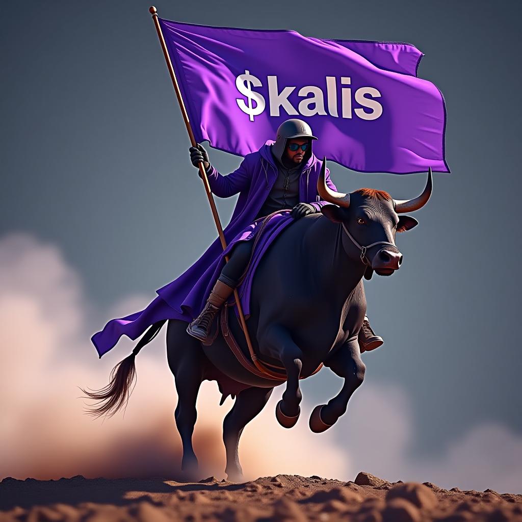  bull riding a purple rocket while holding a purple flag. on the flag the word $kalis should be written. hyperrealistic, full body, detailed clothing, highly detailed, cinematic lighting, stunningly beautiful, intricate, sharp focus, f/1. 8, 85mm, (centered image composition), (professionally color graded), ((bright soft diffused light)), volumetric fog, trending on instagram, trending on tumblr, HDR 4K, 8K