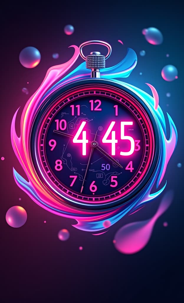  a vibrant, abstract clock in the style of flux, displaying the time 4:45. the clock face should be distorted and dynamic, with swirling colors and shifting shapes. the numbers should be stylized and almost illegible, adding to the sense of movement and energy. use bright, neon colors and contrasting light and shadow to enhance the dynamism of the image.hyper detail, intricate details, sharp focus, high resolution, 8k, ultra detailed, vib