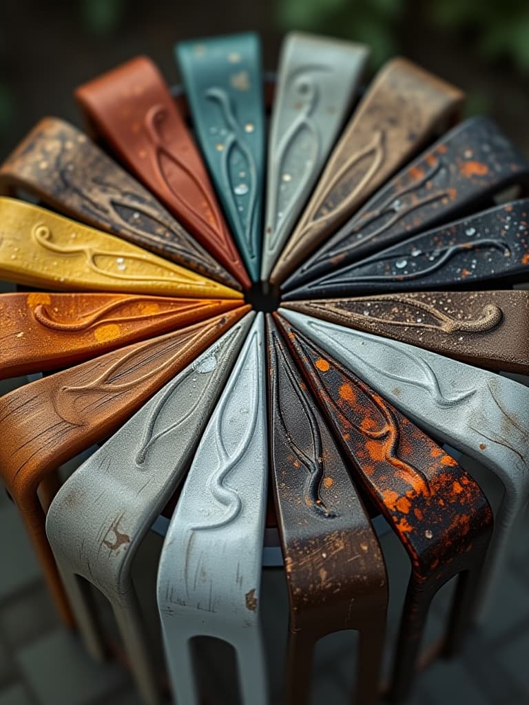  high quality portrait photo of a time lapse sequence showing the weathering effects on different patio furniture materials over seasons, displayed in a circular arrangement with each material occupying a segment hyperrealistic, full body, detailed clothing, highly detailed, cinematic lighting, stunningly beautiful, intricate, sharp focus, f/1. 8, 85mm, (centered image composition), (professionally color graded), ((bright soft diffused light)), volumetric fog, trending on instagram, trending on tumblr, HDR 4K, 8K