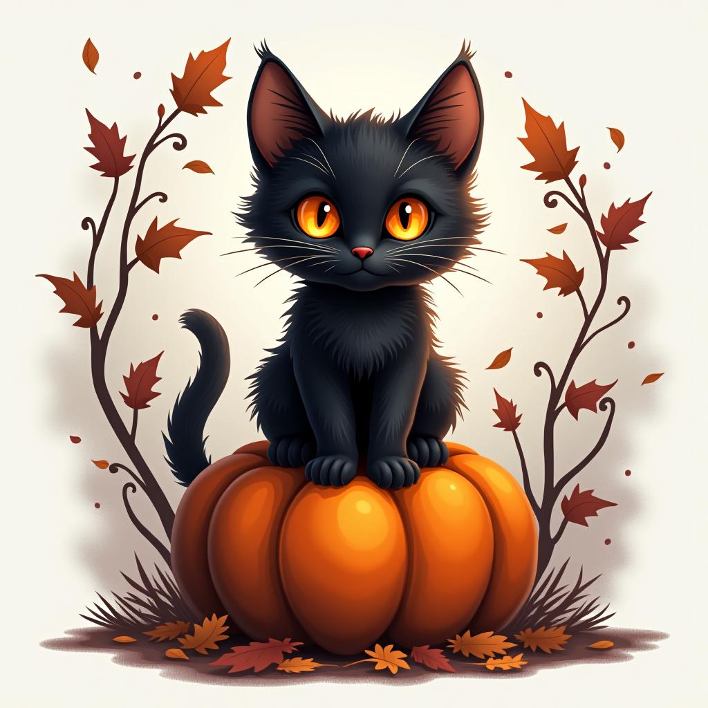  a cute black cat with glowing eyes sitting on a pumpkin, surrounded by swirling autumn leaves in a whimsical style, with warm, moody lighting. t shirt design, vector, contour, white background, no mockup hyperrealistic, full body, detailed clothing, highly detailed, cinematic lighting, stunningly beautiful, intricate, sharp focus, f/1. 8, 85mm, (centered image composition), (professionally color graded), ((bright soft diffused light)), volumetric fog, trending on instagram, trending on tumblr, HDR 4K, 8K