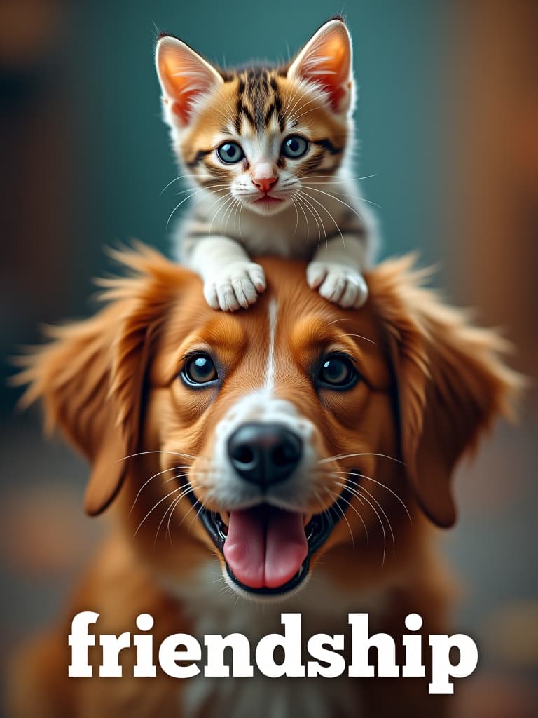  cinematic photo oil painting, bright colors, little kitten sitting on dog's head and smiling cheerfully, text at the bottom in big letters "friendship", high detail, high resolution, detailed skin, detailed eyes, detailed background, deep sharpness, dynamic pose, hyper realism, lots of small details, perfect composition and angle. . 35mm photograph, film, bokeh, professional, 4k, highly detailed hyperrealistic, full body, detailed clothing, highly detailed, cinematic lighting, stunningly beautiful, intricate, sharp focus, f/1. 8, 85mm, (centered image composition), (professionally color graded), ((bright soft diffused light)), volumetric fog, trending on instagram, trending on tumblr, HDR 4K, 8K