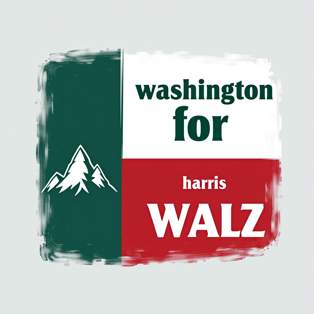  a tshirt design inspired by the washington state flag. the left side features a green vertical stripe with a large mountain in the center. the right side is divided into two horizontal sections: the top section is white with the text 'washington for' in bold, green, uppercase letters, and the bottom section is red with the text 'harris walz' in bold, white, uppercase letters. the overall layout is clean and straightforward, with a clear and patriotic color scheme of blue, white, and red.