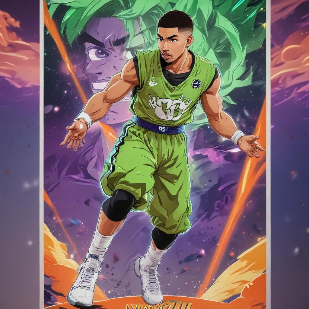 distance-shot, flashy, full-body, dynamic, holographic, animated cartoon poster of jayson tatum in the style of dragon ball super