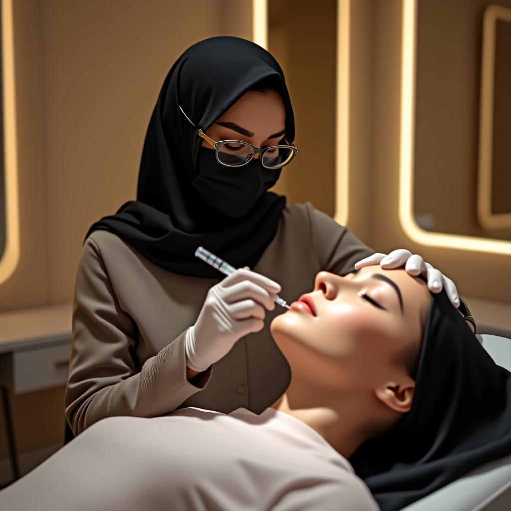  a cosmetologist girl in a black hijab, without a visible face, is injecting botox into a patient in a stylish office that looks shiny and beautiful.