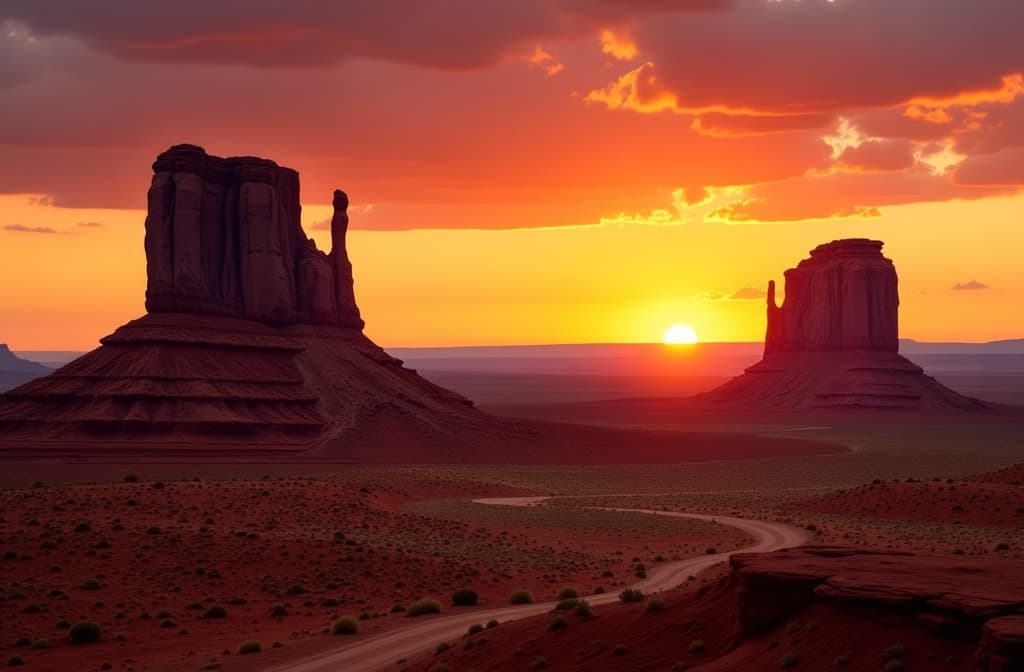  in the fading light of a desert sunset, towering rock formations in monument valley, spanning arizona and utah, stand majestically. the brilliant yellow orange sky serves as a stunning backdrop, enhancing the beauty of the scene. this breathtaking photograph captures the striking contrast between the vibrant sky and the rugged, ancient rock formations. each detail is rendered in exquisite detail, making the image truly lifelike and mesmerizing. the high quality of the composition and the vivid colors combine to create a truly spectacular and immersive viewing experience. hyperrealistic, full body, detailed clothing, highly detailed, cinematic lighting, stunningly beautiful, intricate, sharp focus, f/1. 8, 85mm, (centered image composition), (professionally color graded), ((bright soft diffused light)), volumetric fog, trending on instagram, trending on tumblr, HDR 4K, 8K