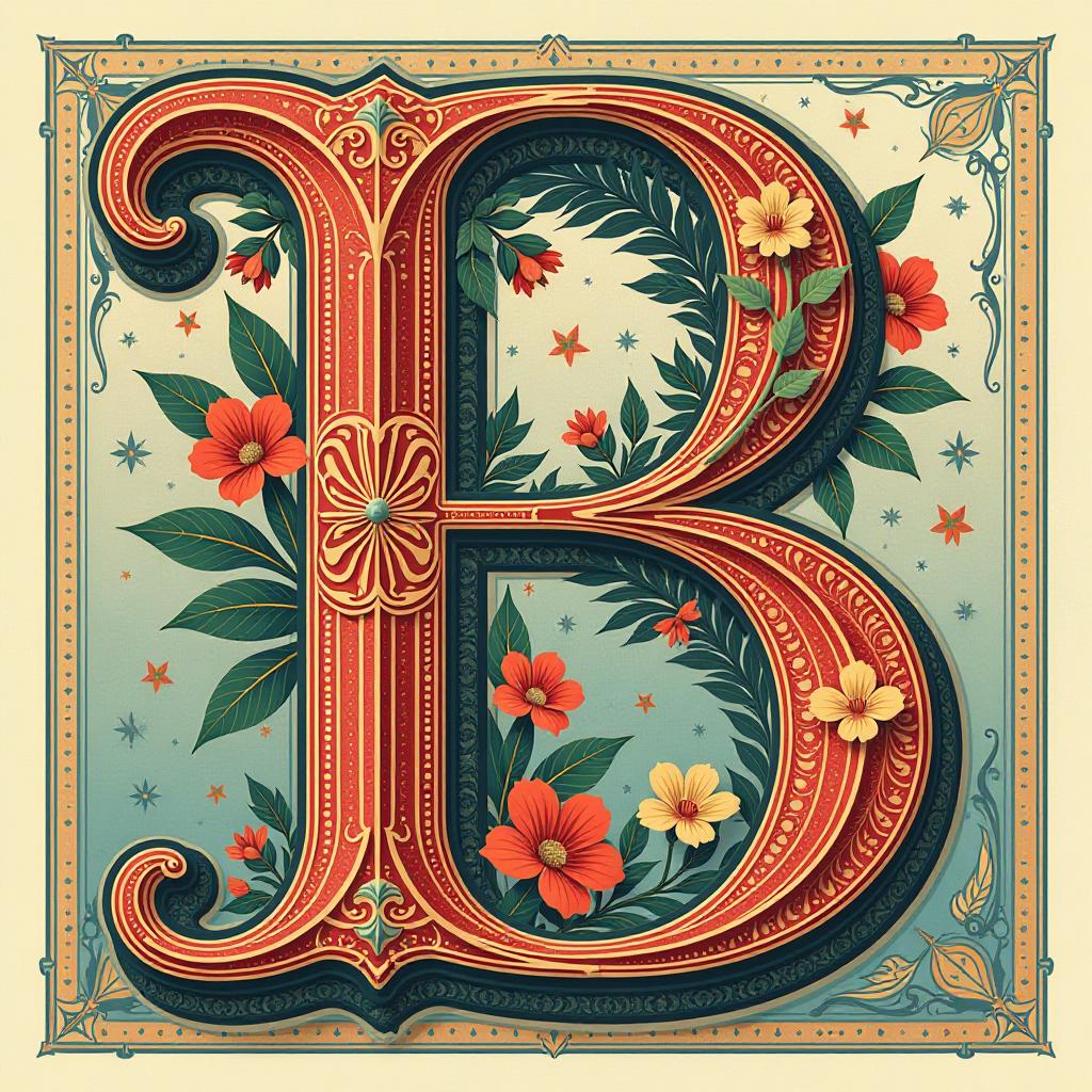  constructivist style stylized image of the letter "b". digital image with double exposure. (vector art) the outline is elegant (from the letter "b": 1.7) filled with flowers, leaves and patterns. hyperdetailing. elegance. background: complex ornament, surreal abstraction, vortices, plant ornament. baroque and rococo . geometric shapes, bold colors, dynamic composition, propaganda art style