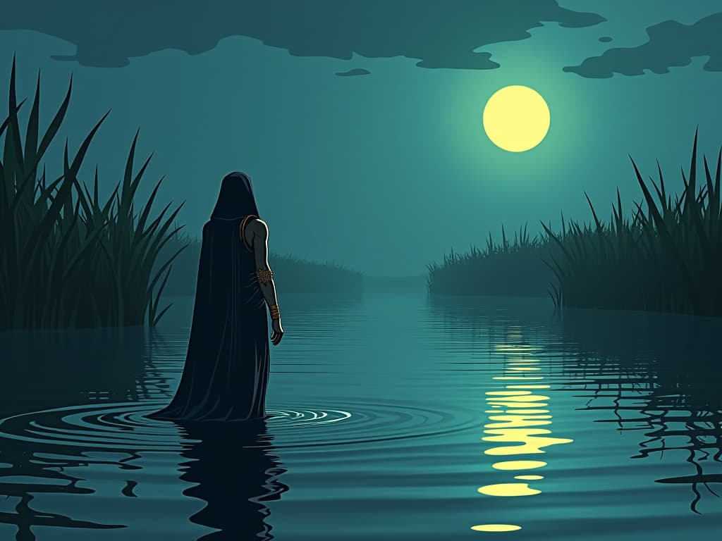  nile river, gentle currents, reflecting the full moon, lined with tall papyrus plants, peaceful and enduring. the style is digital art illustration / modern comic book / mysterious occult, symbolic, esoteric vibe,high detail on character design, incorporating ancient egyptian symbology and attire.